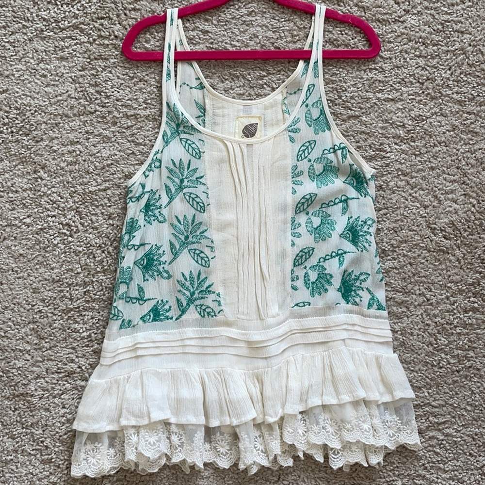 Anthropologie White/Teal Embroidered Ruffle Tank